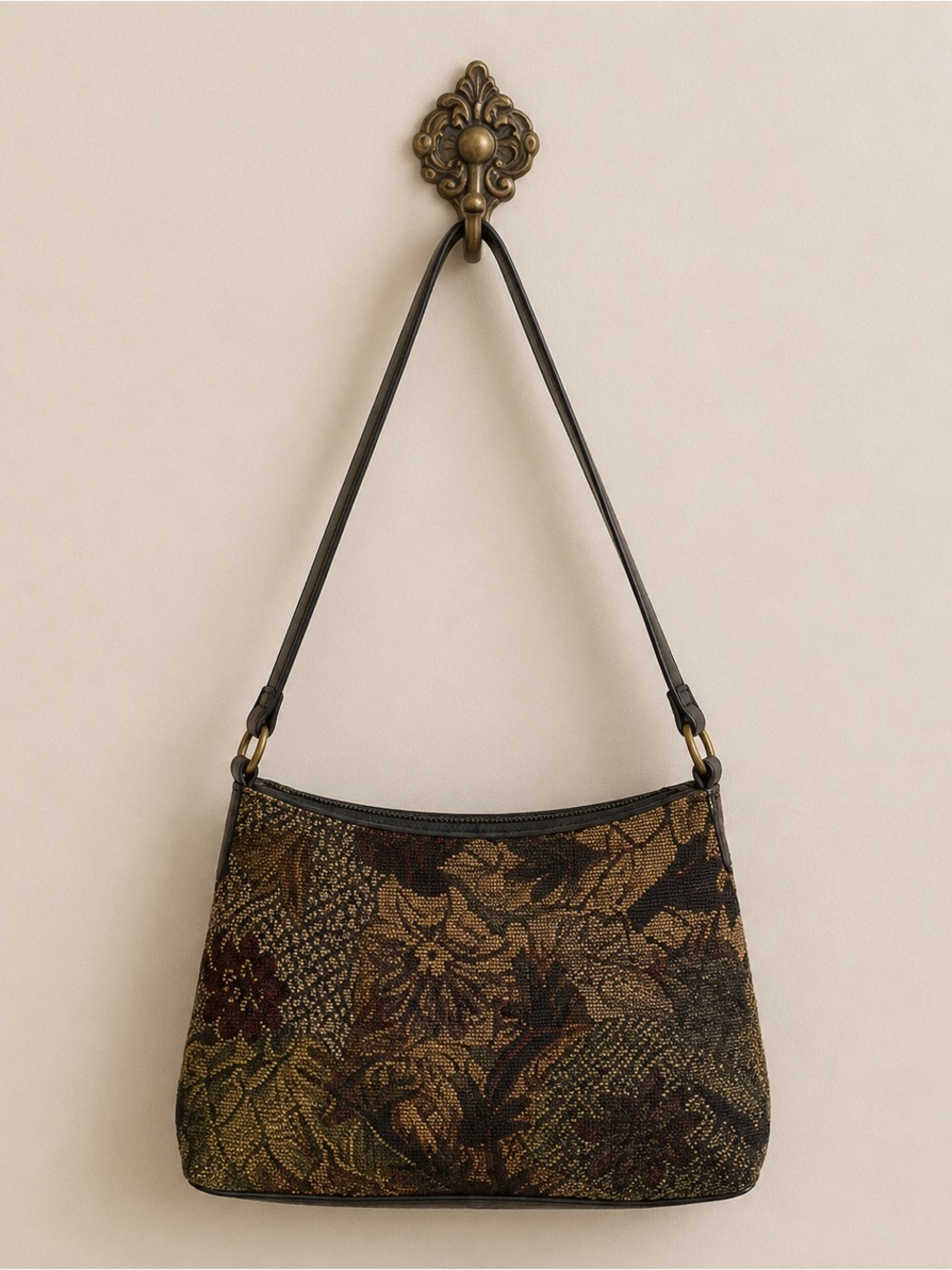 Bueno vintage foliage flower leaf tapestry beaded woven tote handbag